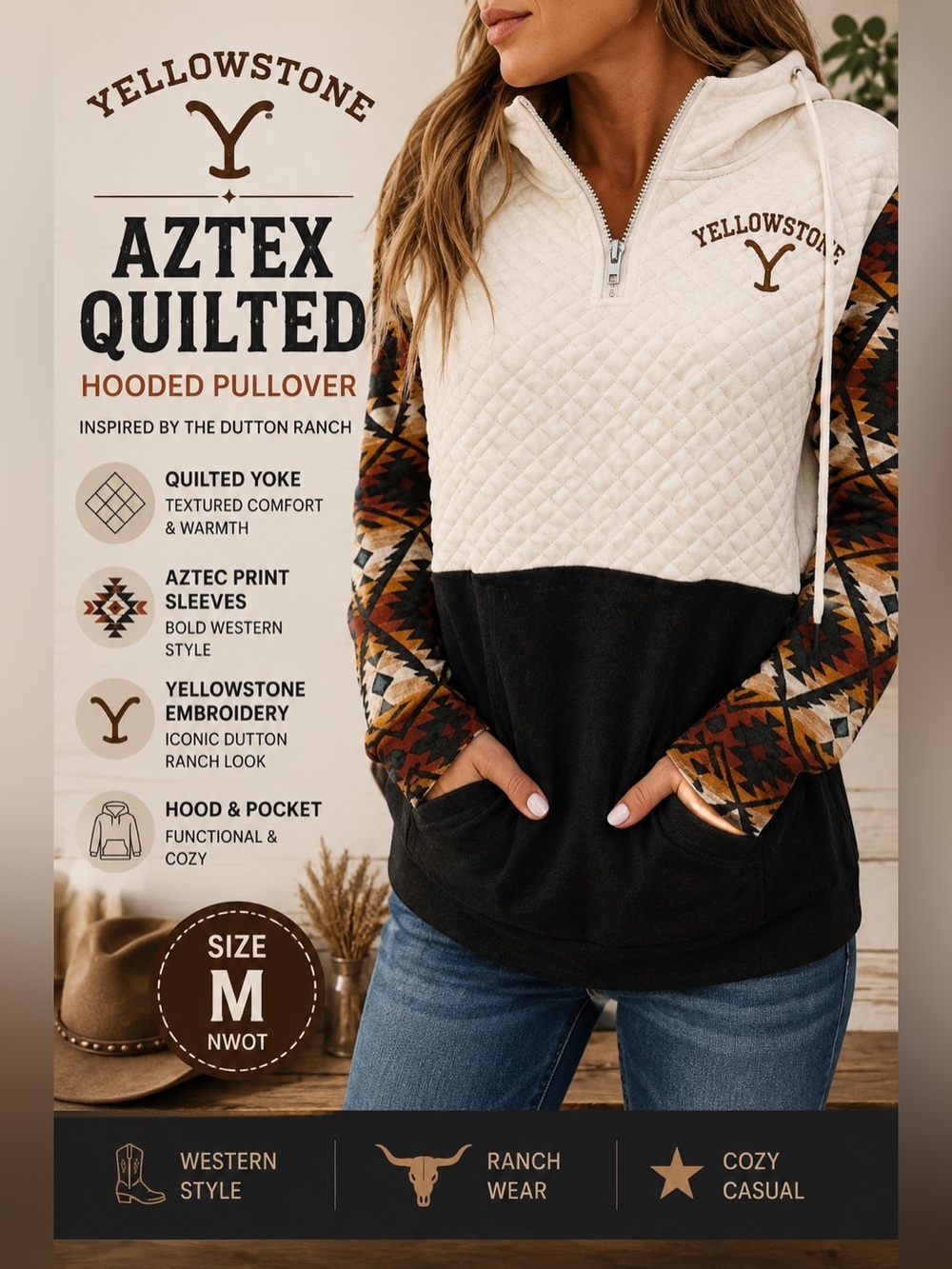 Yellowstone Dutton Ranch Aztec Quilted Quarter Zip Pullover Hoodie Size Medium